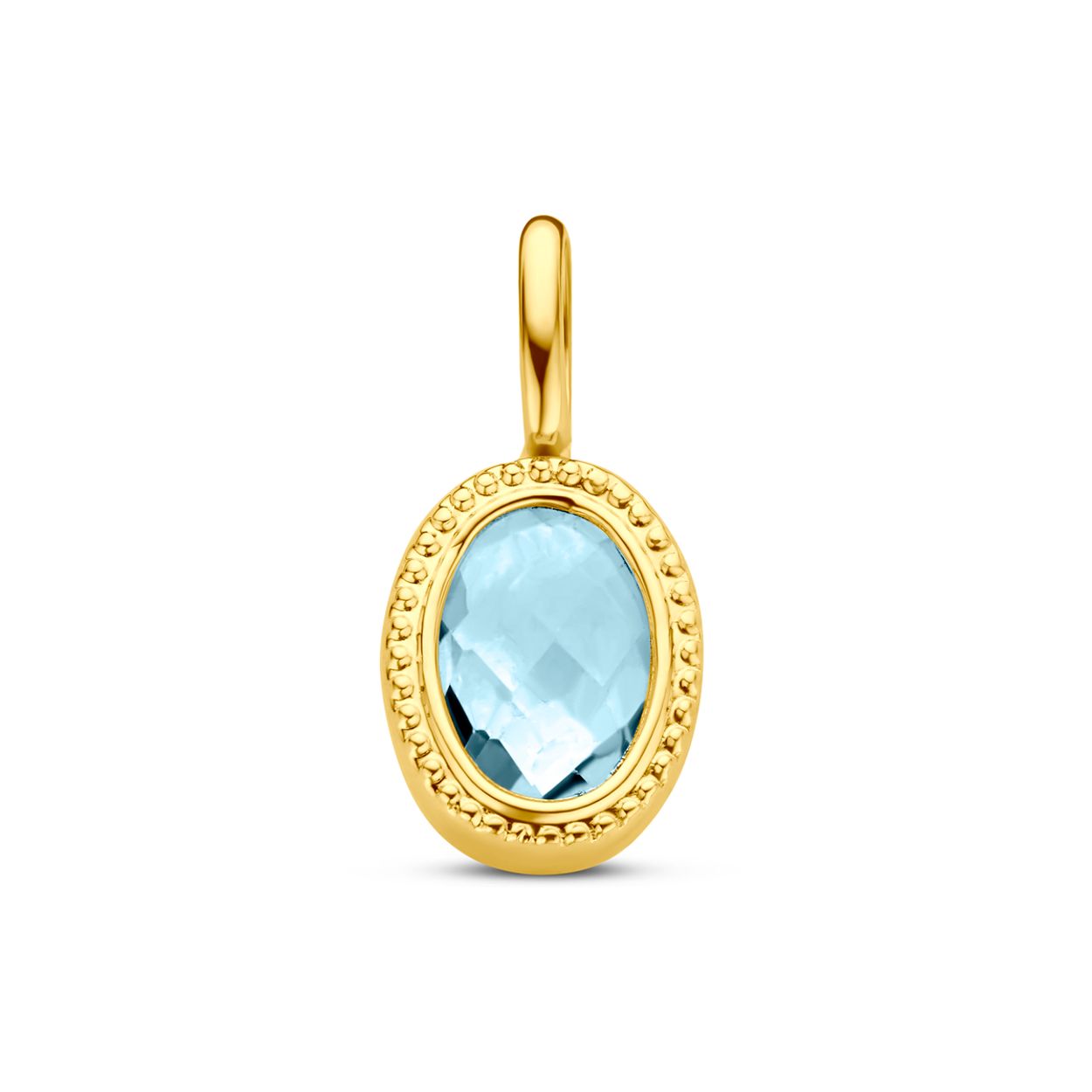 14k Geelgouden hanger uitgevoerd met blauw topaas. De hanger heeft een afmeting van 14.5x7.5mm.