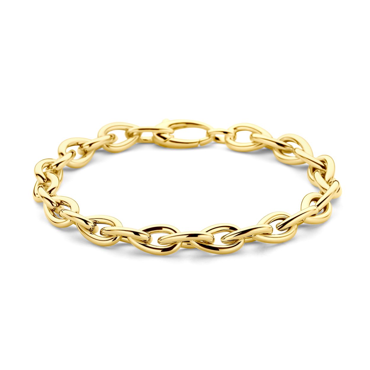 14k Geelgouden armband met een schakelbreedte van 7,3mm en een draaglengte van 19.5cm. Het collier heeft een karabijn sluiting.