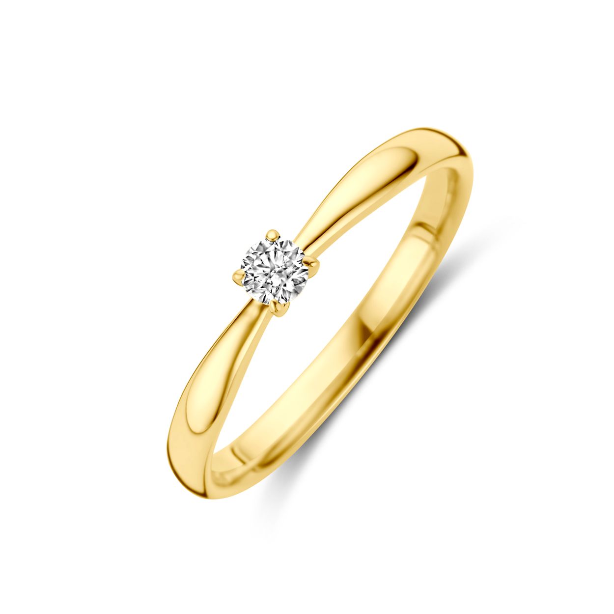14k Geelgouden aanzoeksring uitgevoerd met diamant. De steenmaat is 3mm en het diamantgewicht is 0.10ct.