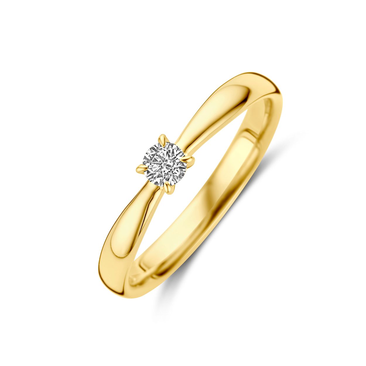 14krt geelgouden ring uitgevoerd met diamant. De steenmaat is 3.5mm en het diamantgewicht is 0.15ct.