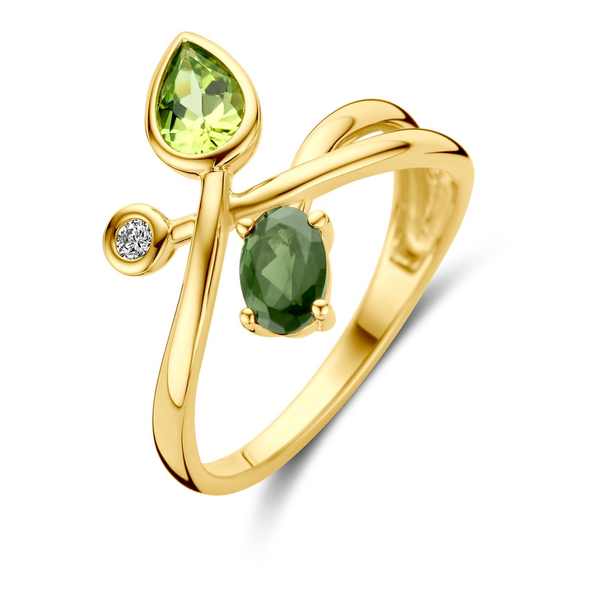 14k Geelgouden ring uitgevoerd met groen toermalijn, peridot en diamant. De ring heeft een breedte van 14.5mm. Het diamantgewicht is 0.03ct.