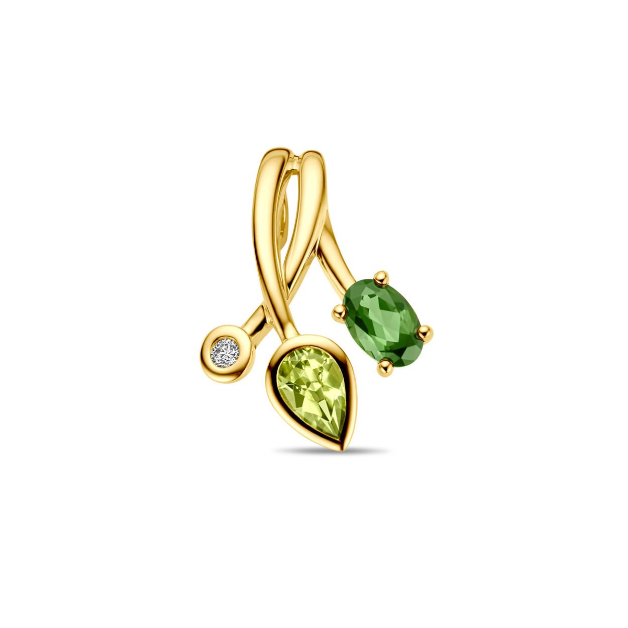 14k Geelgouden hanger uitgevoerd met groen toermalijn, peridot en diamant. De hanger heeft een afmeting van 20x14.5mm. Het diamantgewicht is 0.03ct.