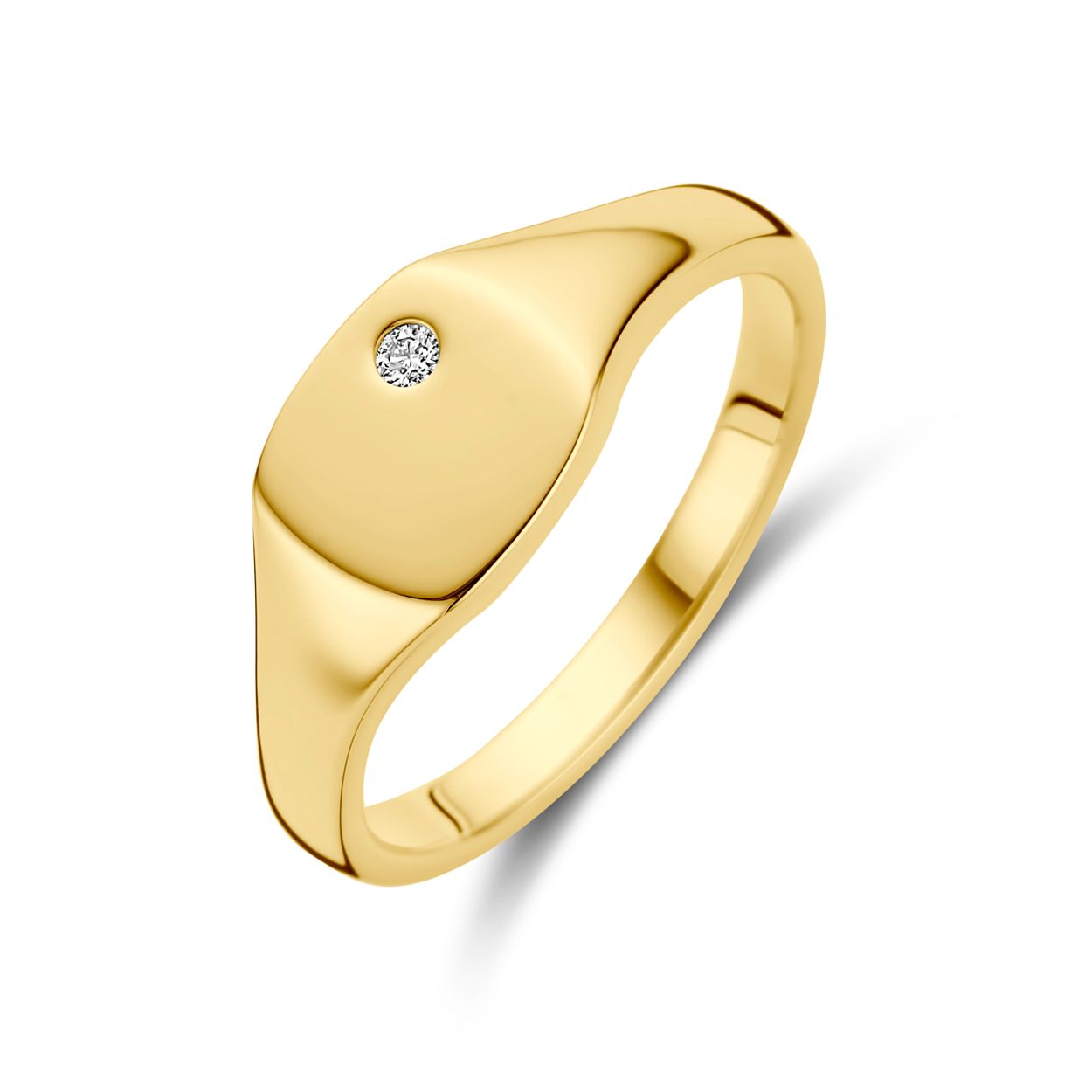 14k Geelgouden ring uitgevoerd met een schitterende diamant. De ring heeft een breedte van 7.5mm.
