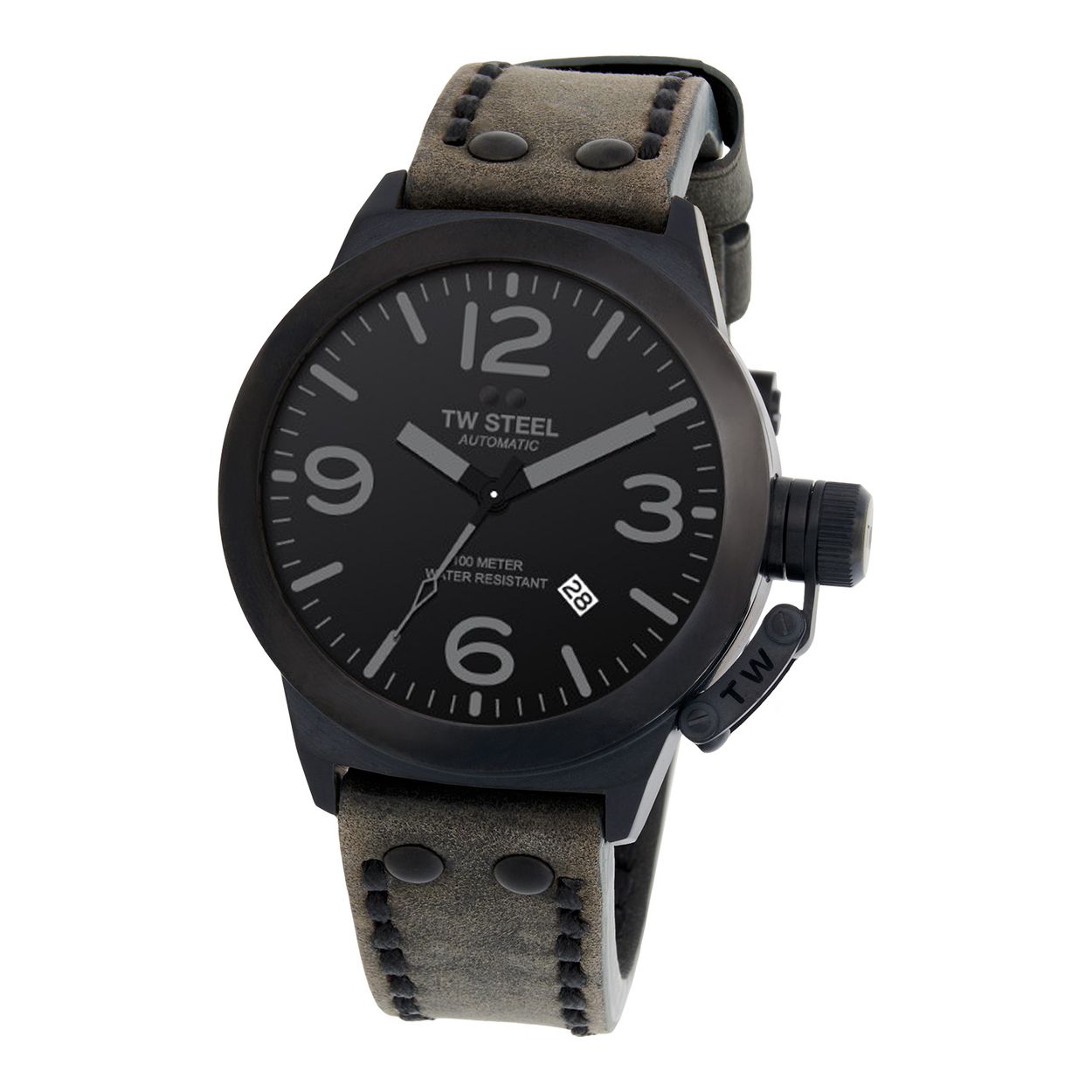 TW Steel TWCS116 New Canteen Zwart grijs 45mm 
Deze TW steel uit de Canteen serie met nr TWCS116 valt op door zijn robuuste uitstraling en donkere kast. Het herenhorloge heeft een ronde zwarte kast met gladde bezel, de herkenbare haak- schroefkroon en een automatisch uurwerk. Op de zwarte wijzerplaat zit een datum en zijn wijzers en uurs-aanduiding duidelijk zichtbaar door de grijze opdruk. Aan de kast zit een grijze leren band met een zwarte gespsluiting. Het horloge heeft wereldwijde garantie van 2 jaar en is 10ATM. Een stoer model met een doorsnede van 45mm en een gehard mineraalglas.

Het Merk:
TW Steel is een Nederlands horlogemerk. Groot in visie en ongeÃ«venaard in stijl. Sinds onze oprichting in 2005 geven wij tijd een nieuwe dimensie. Met karakteristieke designs stappen wij af van de gebaande paden.
Ons bereik is wereldwijd, of het nu zakelijk, casual of sportief is, bij de horloge collectie van TW Steel gaat het om kwaliteit en precisie. Een horloge dat je persoonlijkheid onderstreept is altijd binnen handbereik. Vorm en functie gaan samen in onze horloges van Zwitserse top kwaliteit. De kunst om je te onderscheiden vergt zelfvertrouwen en lef.
TW Steel is niet zomaar een horloge, TW Steel is een statement.

Specificaties:
- Stalen horloge kast 45mm
- Zwarte wijzerplaat 
- Grijze leren band
- Gehard mineraalglas
- Schroefkroon
- Automaat
- 10ATM