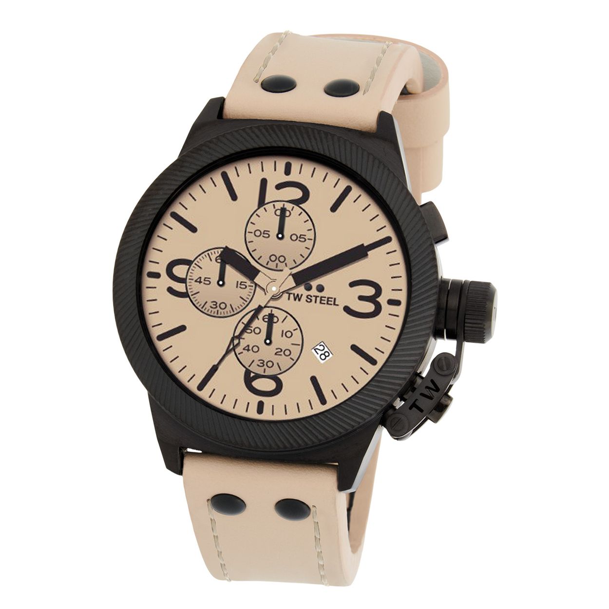 TW Steel TWCS117 New Canteen Zwart creme Chrono 45mm  
Deze TW steel uit de Canteen serie met nr TWCS117 valt op door zijn eenvoudige robuuste en donkere kast. Het herenhorloge heeft een ronde zwarte kast met geribbelde bezel en de herkenbare haak- schroefkroon en een chronograaf. Op de creme wijzerplaat zit een datum en zijn wijzers, chronograaf en uurs-aanduiding duidelijk zichtbaar door de zwarte opdruk. Aan de kast zit een creme/roze leren band met een zwarte gespsluiting. Het horloge heeft wereldwijde garantie van 2 jaar en is 10ATM. Een sportief mode met een doorsnede van 45mm en een gehard mineraalglas.

Het Merk:
TW Steel is een Nederlands horlogemerk. Groot in visie en ongeëvenaard in stijl. Sinds onze oprichting in 2005 geven wij tijd een nieuwe dimensie. Met karakteristieke designs stappen wij af van de gebaande paden.
Ons bereik is wereldwijd, of het nu zakelijk, casual of sportief is, bij de horloge collectie van TW Steel gaat het om kwaliteit en precisie. Een horloge dat je persoonlijkheid onderstreept is altijd binnen handbereik. Vorm en functie gaan samen in onze horloges van Zwitserse top kwaliteit. De kunst om je te onderscheiden vergt zelfvertrouwen en lef.
TW Steel is niet zomaar een horloge, TW Steel is een statement.

Specificaties:
- Stalen horloge kast 45mm
- Creme wijzerplaat 
- Creme/roze leren band
- Gehard mineraalglas
- Schroefkroon
- Chronograaf
- 10ATM