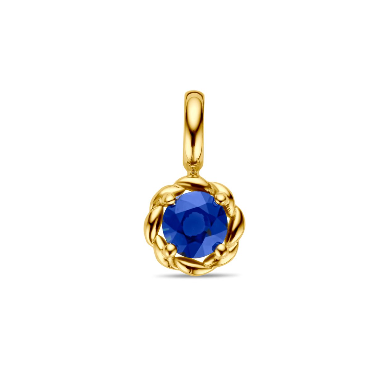 14k Geelgouden hanger uitgevoerd met saffier. De hanger heeft een totale hoogte van 10.5mm.