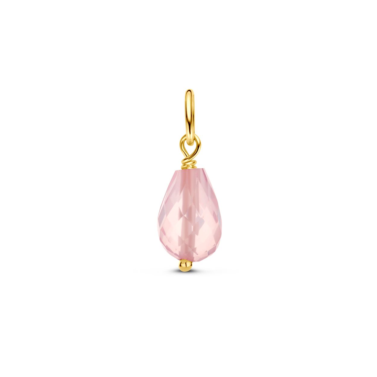 14k Geelgouden hanger uitgevoerd met roze kwarts. De hanger heeft een totale hoogte van 15mm.
