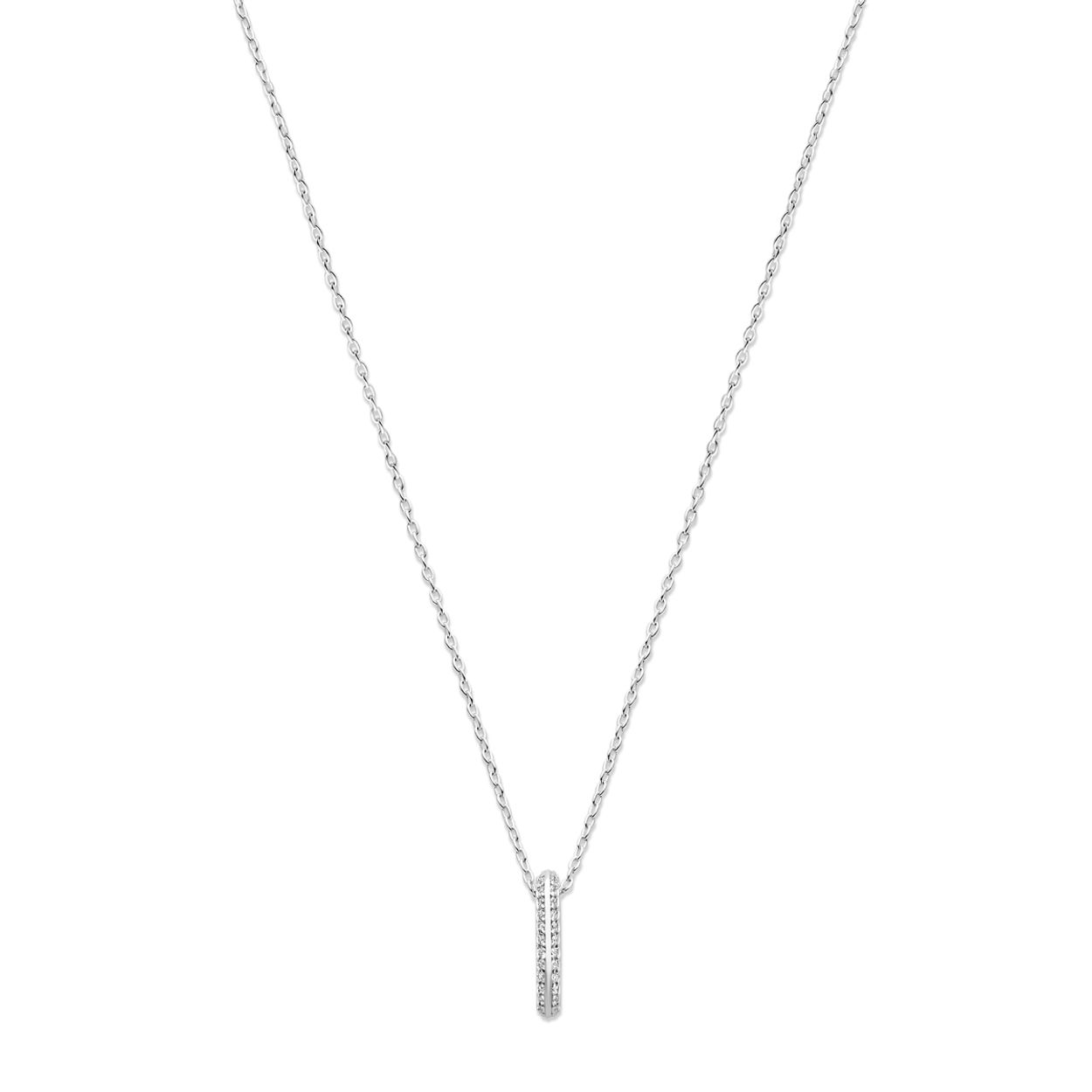 Gerhodineerd 925 zilveren collier uitgevoerd met zirkonia. Het collier heeft een draaglengte van 42cm en een extensie van 3cm. De schakelbreedte is 1.2mm. Uitgevoerd met een karabijn sluiting.