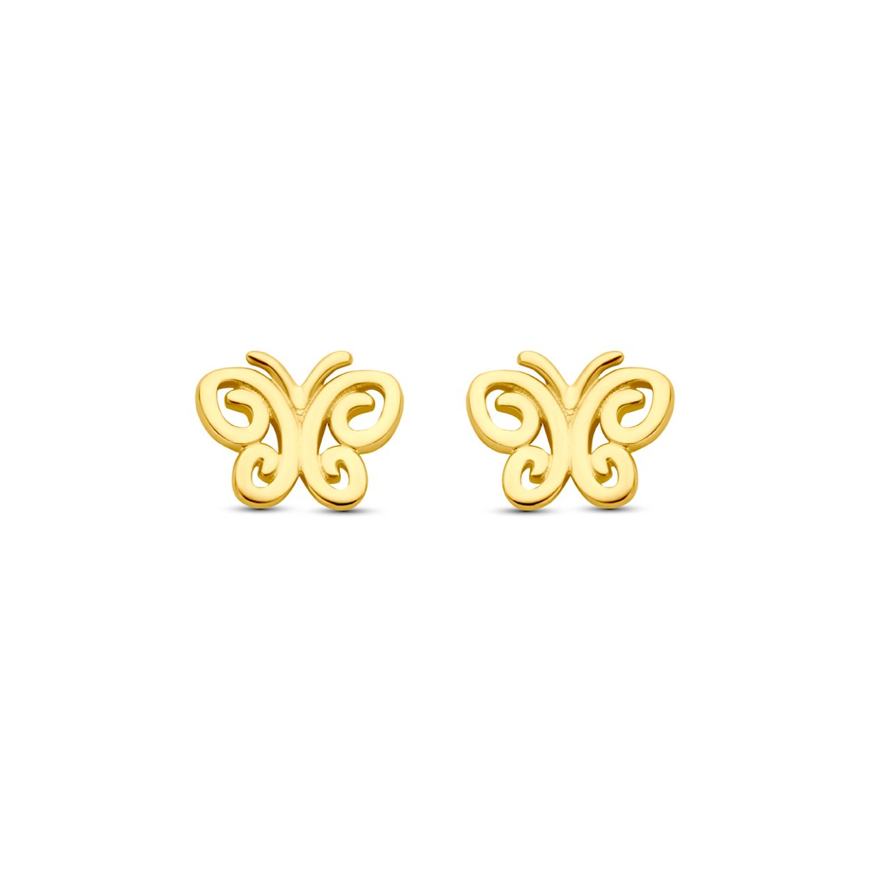 14k Geelgouden oorknoppen uitgevoerd in de vorm van een vlinder. De oorknoppen hebben een afmeting van 5.5x6.5mm.