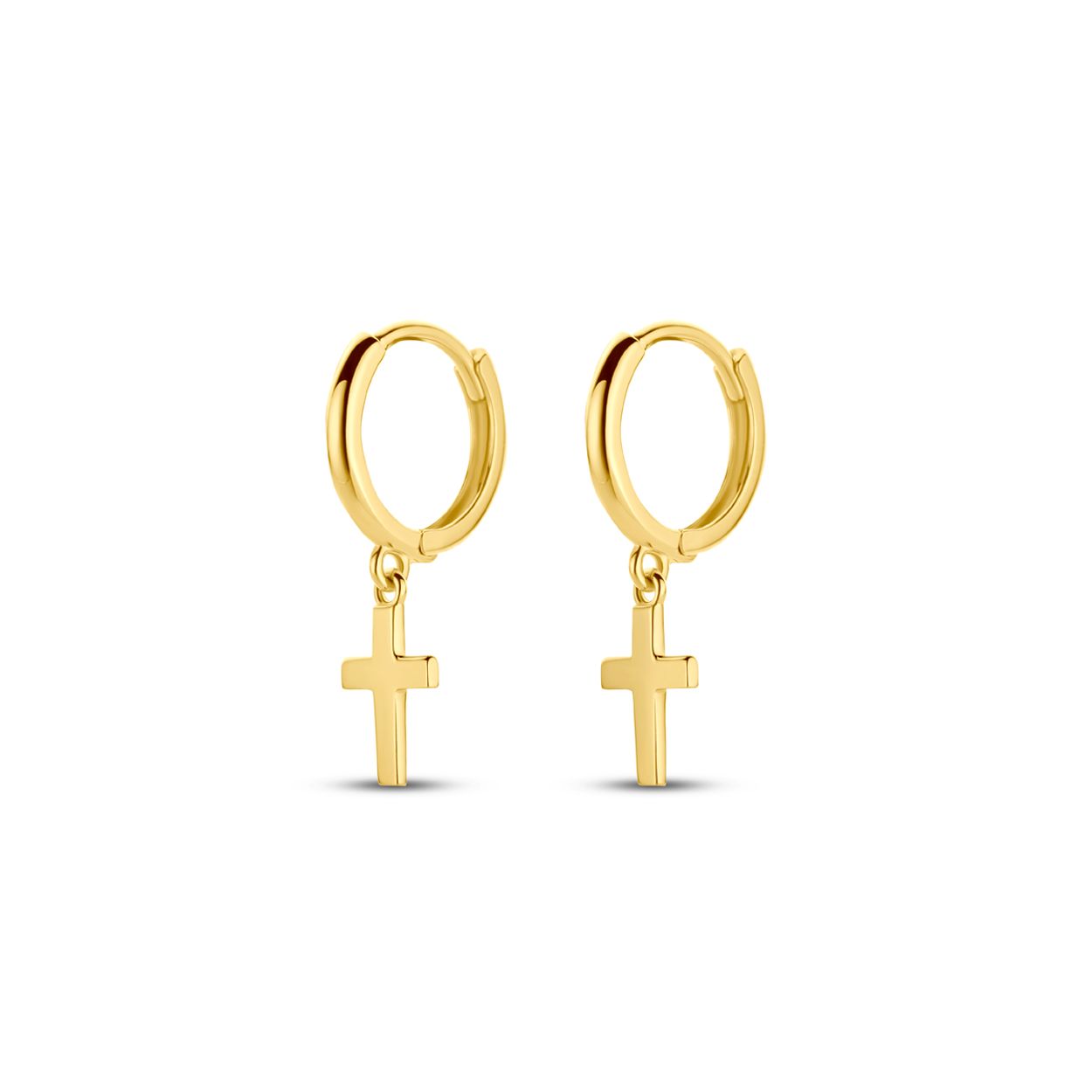 14k Geelgouden oorringen met een kruis. Het kruis heeft een afmeting van 9x6mm. De oorringen hebben een diameter van 11mm.