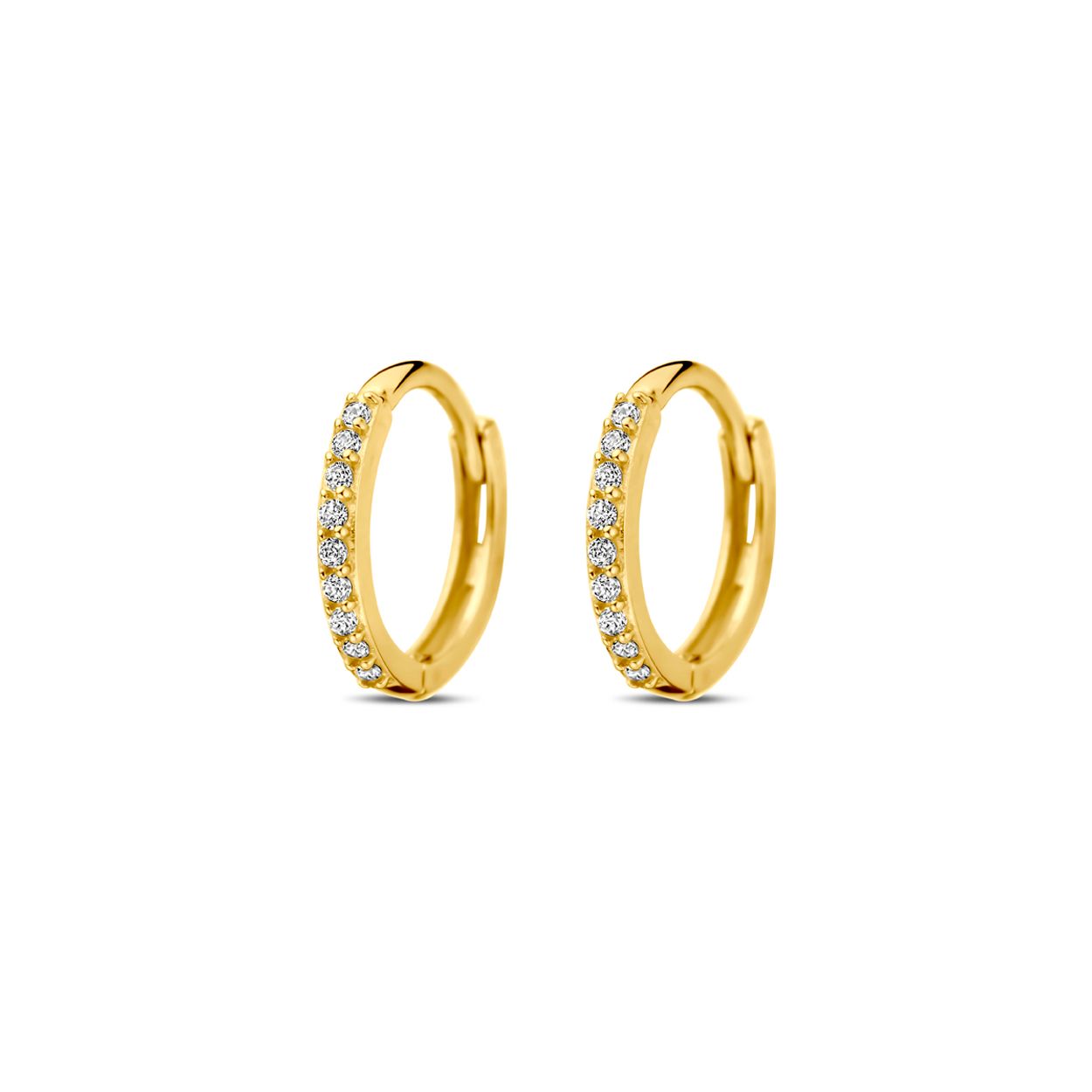 14k Geelgouden klapoorringen uitgevoerd met zirkonia. De oorringen hebben een diameter 10mm.