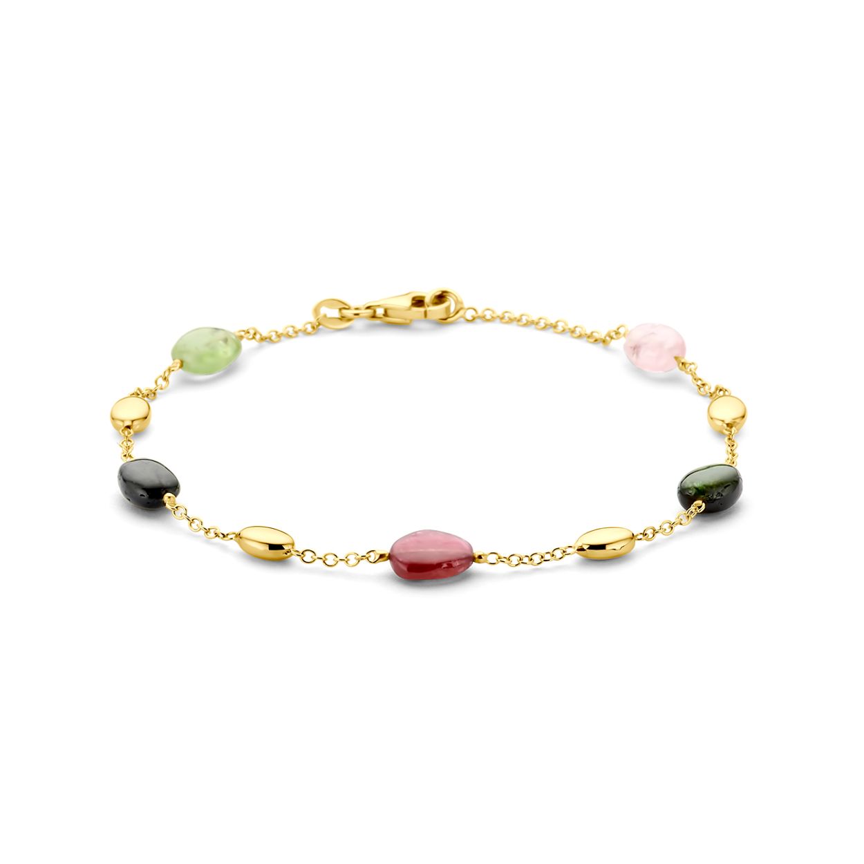 14k Geelgouden armband uitgevoerd met meerdere kleuren toermalijn. De armband heeft een draaglengte van 19cm en is uitgevoerd met karabijnsluiting.