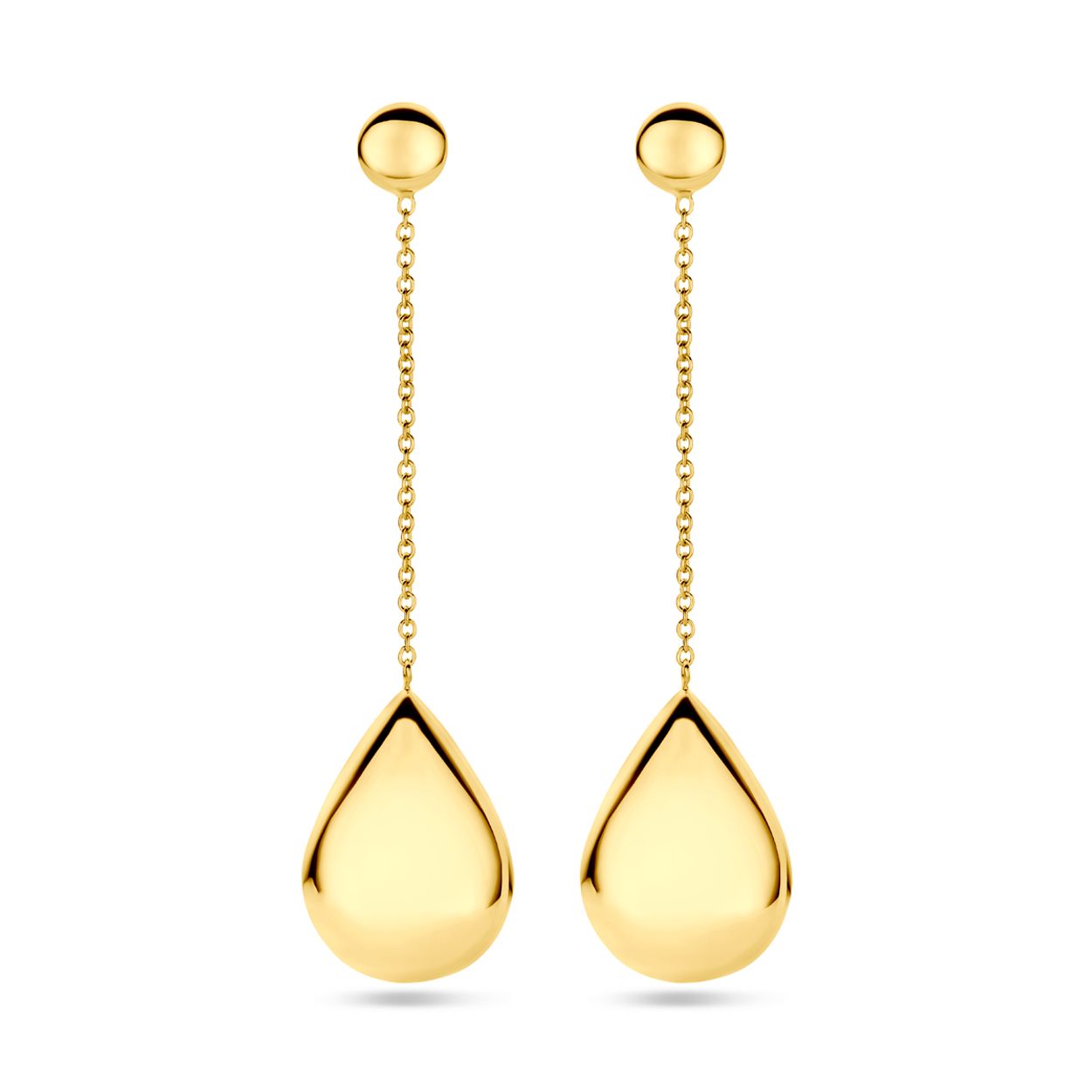 14k Geelgouden oorhangers uitgevoerd met een druppel. De oorhangers hebben een totale hoogte van 56mm.