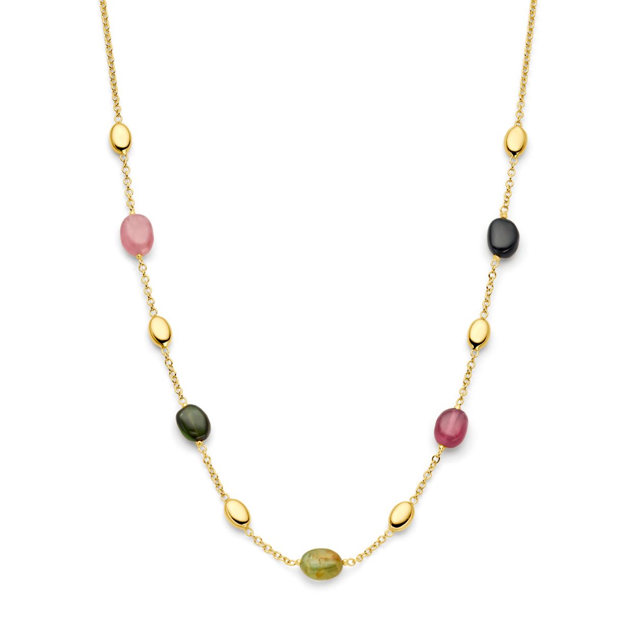 14k Geelgouden collier uitgevoerd met meerdere kleuren toermalijn. Het collier heeft een draaglengte van 45cm en is uitgevoerd met karabijnsluiting.