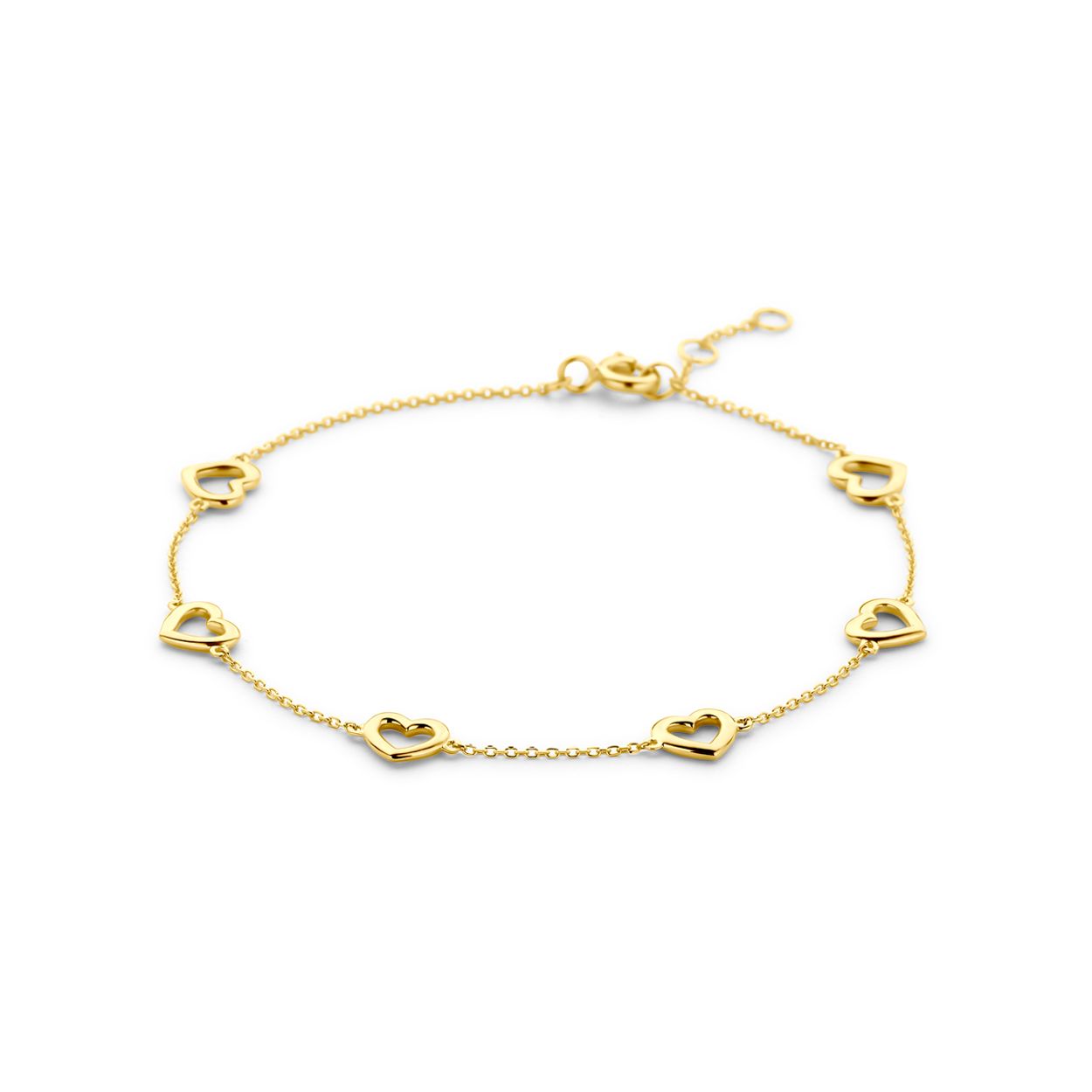 14k Geelgouden armband uitgevoerd met hartjes. De armband heeft draaglengtes van 16.5, 17.5 en 18.5cm. De schakelbreedte is 0.8mm.