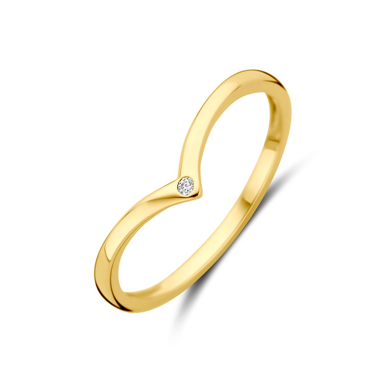14k Geelgouden ring uitgevoerd met zirkonia. De ring heeft een breedte van 1.5mm.