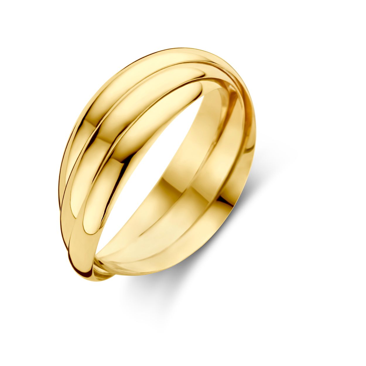 14k Geelgouden ring bestaande uit 3 in elkaar geplaatste losse ringen.