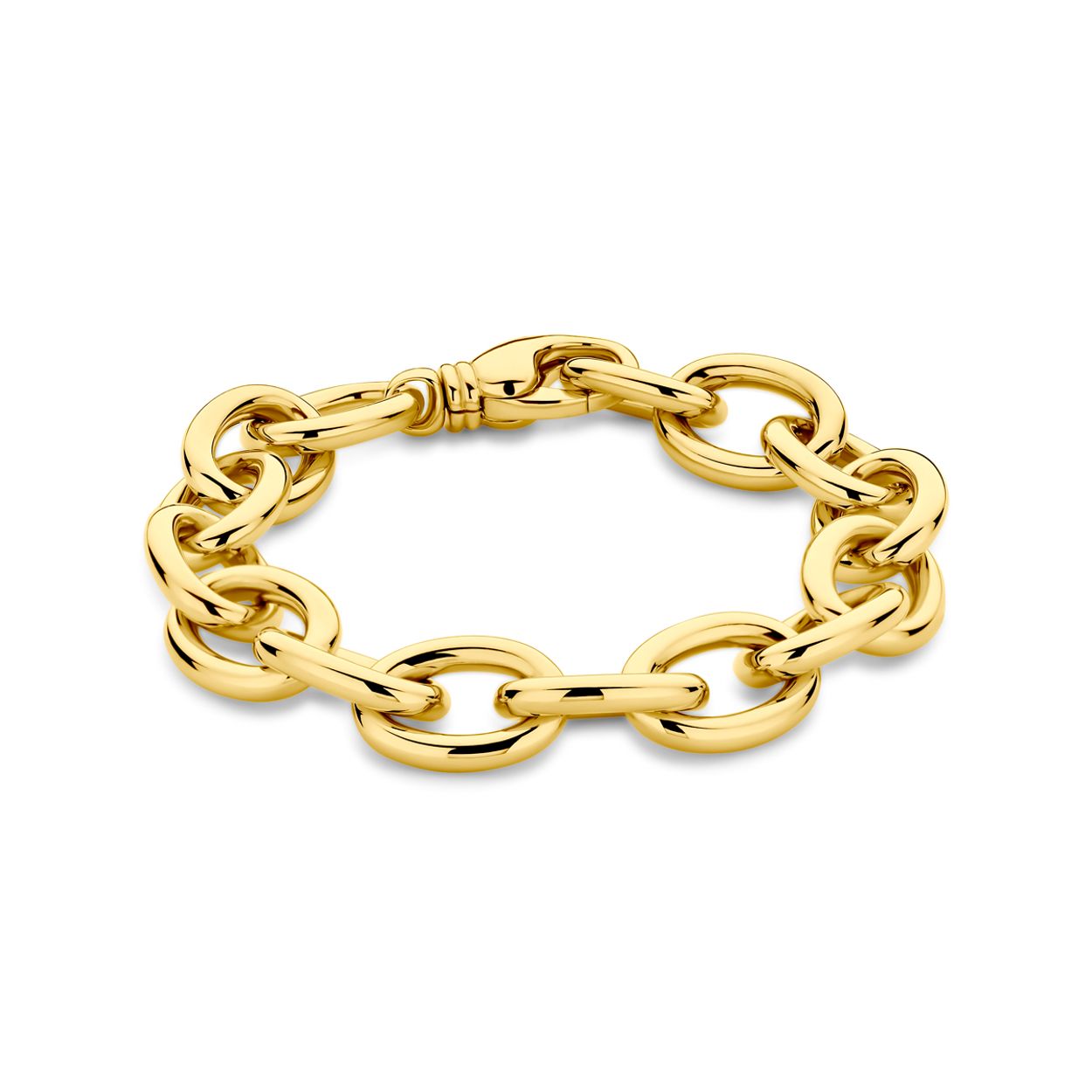 14k Geelgouden armband met een schakelbreedte van 13mm en een draaglengte van 20cm. Uitgevoerd met karabijnsluiting.
