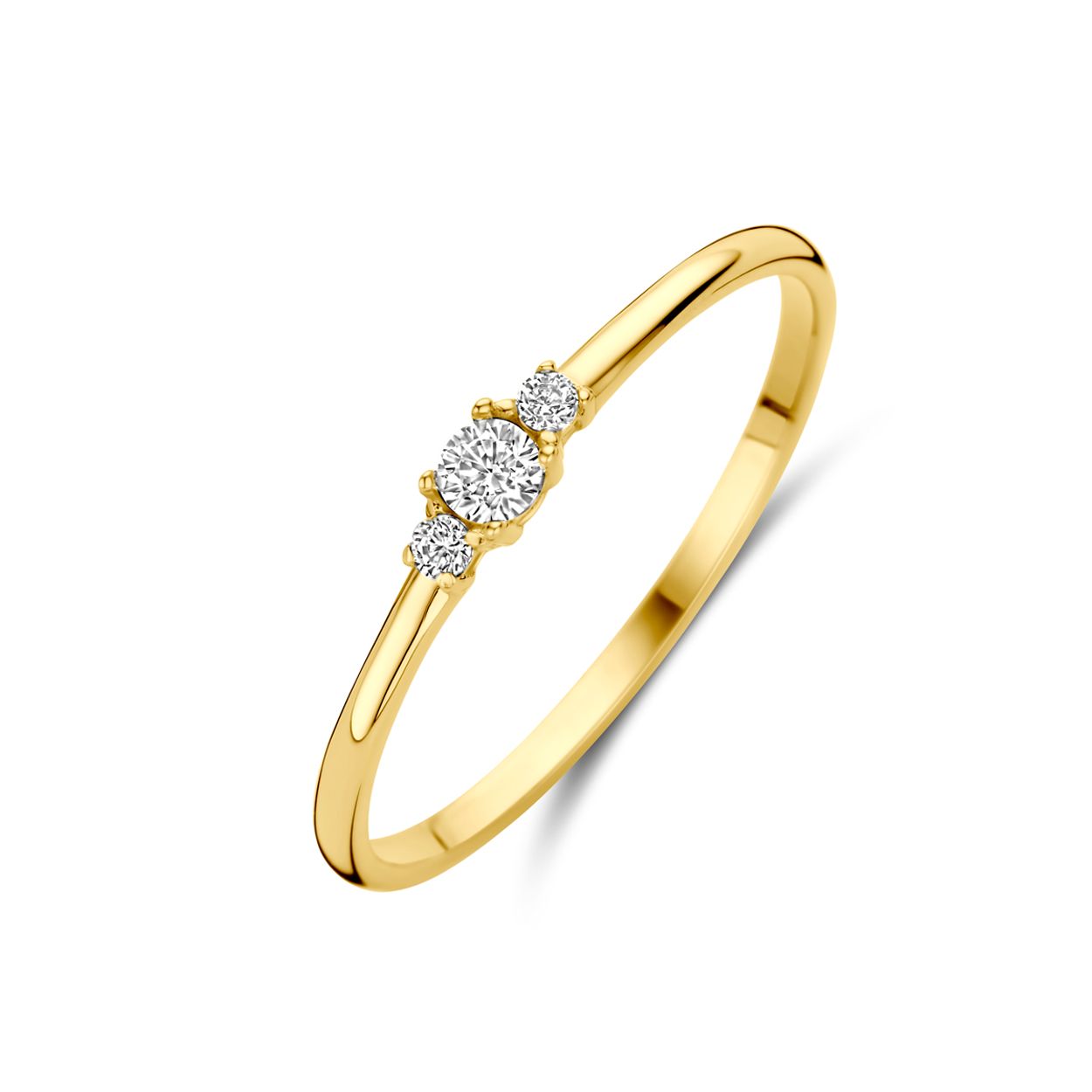 Geelgouden ring uitgevoerd met zirkonia's  De ring heeft een breedte van 2.5mm.
Maat 17,25 en verkrijgbaar in diverse maten