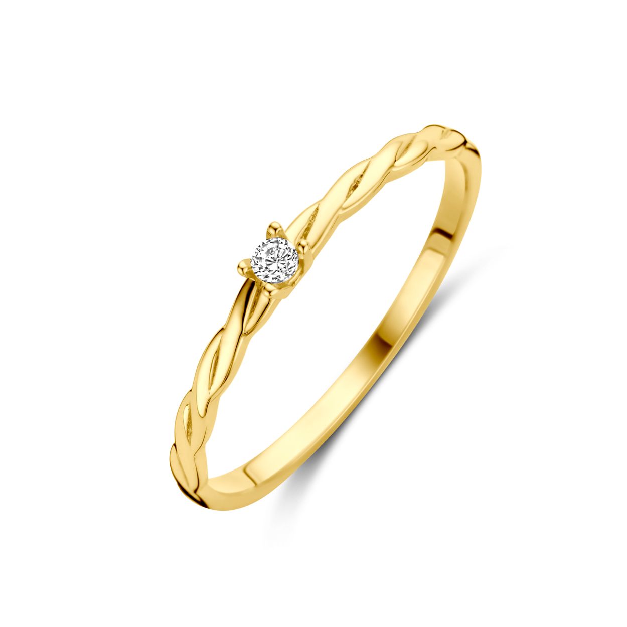 14k Geelgouden ring uitgevoerd met zirkonia. De ring heeft een breedte van 2mm.