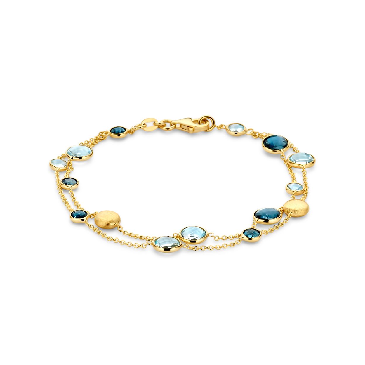 14k Geelgouden armband uitgevoerd met rondjes, sky blue topaas en london blue topaas. De armband heeft een draaglengte van 19cm. Uitgevoerd met karabijnsluiting.
