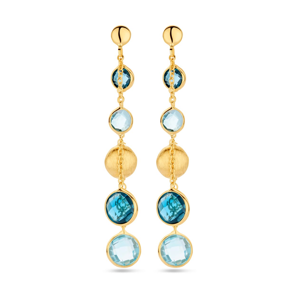 14k Geelgouden oorhangers uitgevoerd met rondjes, sky blue topaas en london topaas. De oorhangers hebben een totale hoogte van 44mm.&nbsp;