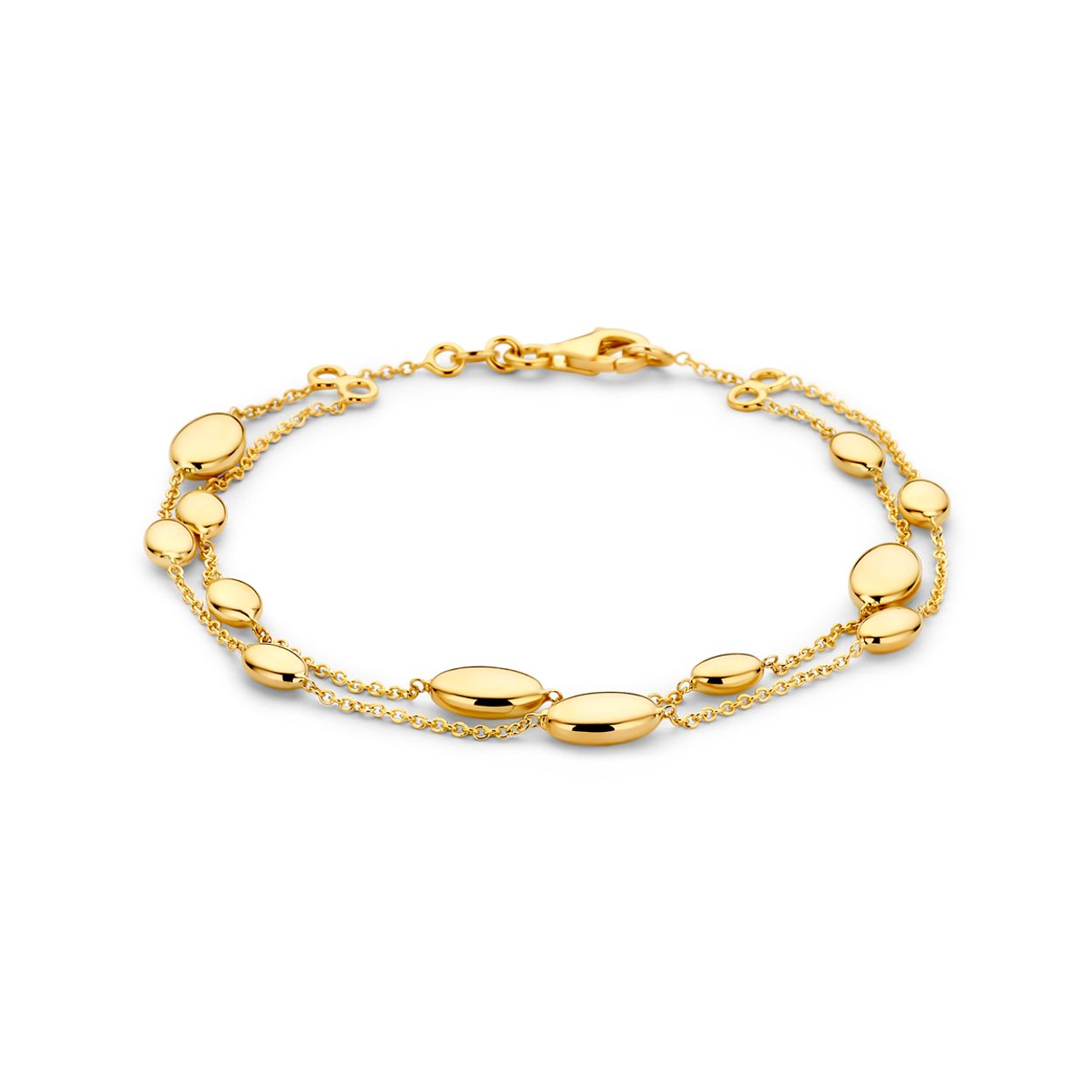 14k Geelgouden armband uitgevoerd met ovaaltjes. De armband heeft een draaglengte van 19cm. Uitgevoerd met karabijnsluitng.