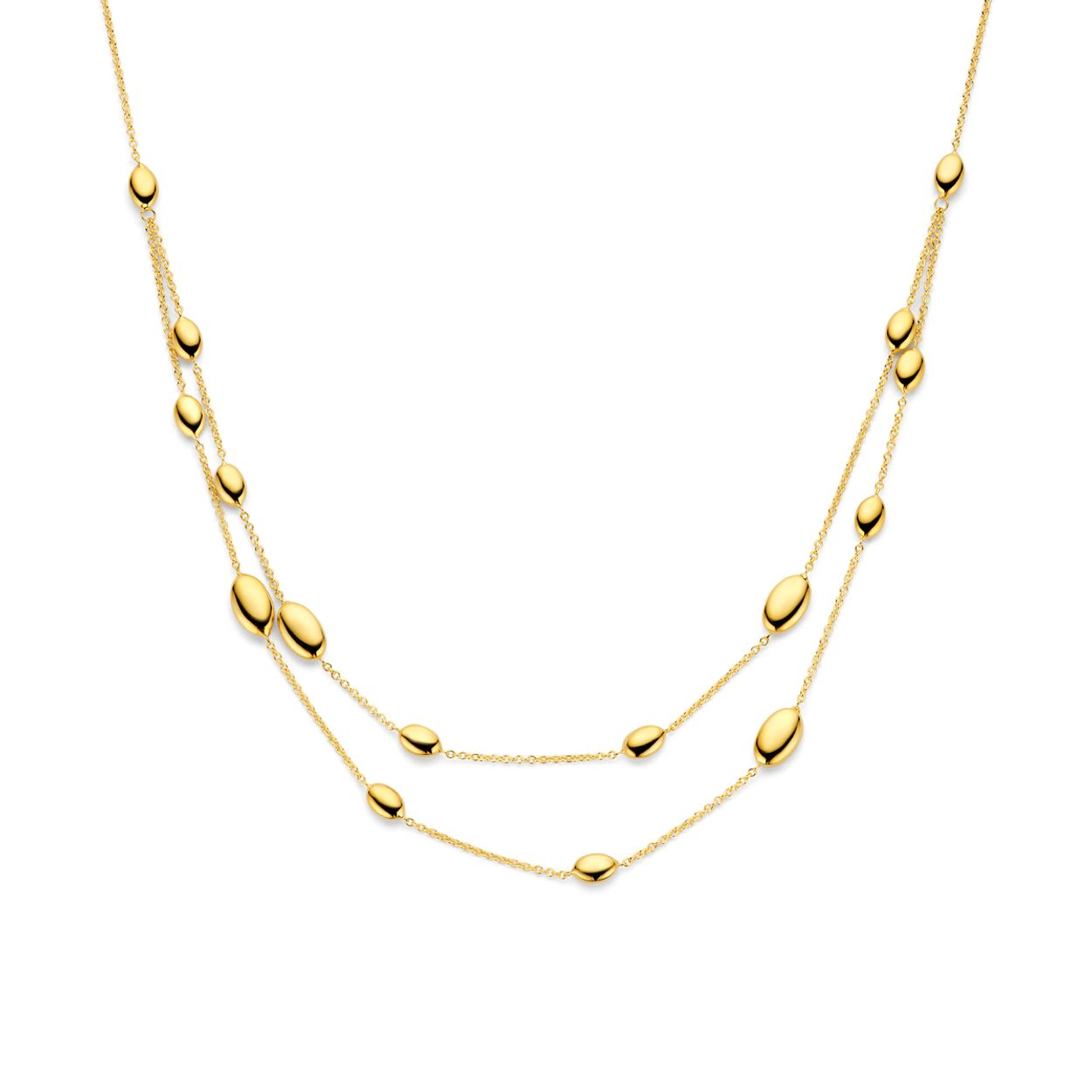 14k Geelgouden collier uitgevoerd met ovaaltjes. Het collier heeft een draaglengte van 45cm. Uitgevoerd met karabijnsluiting.