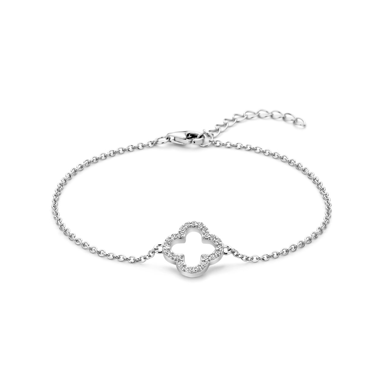 Gerhodineerd 925 zilveren armband uitgevoerd met bloem en zirkonia. De armband heeft een draaglengte van 17cm met 3cm extensie. Uitgevoerd met karabijn sluiting. De schakelbreedte is 1.5mm.