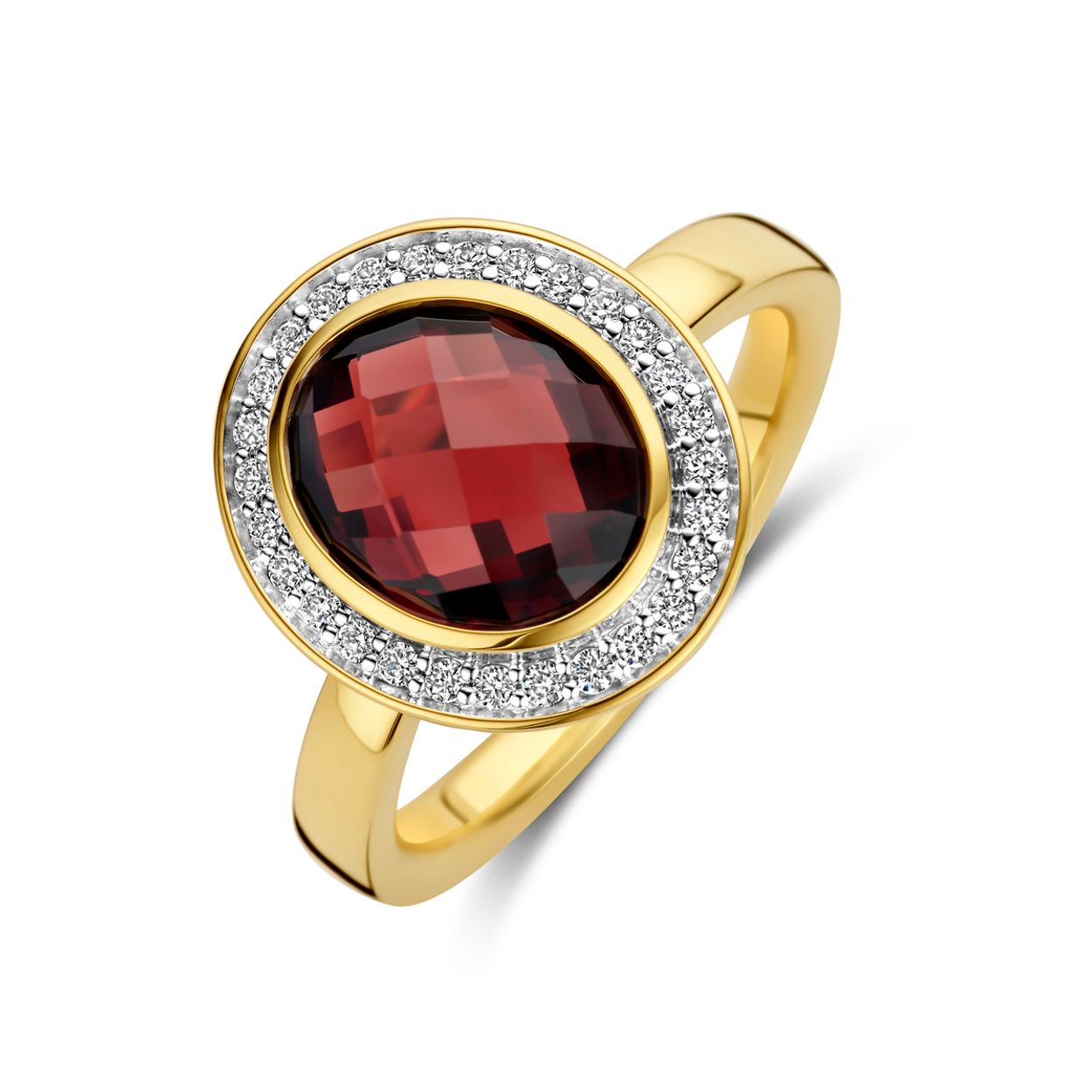 14k Geelgouden ring uitgevoerd met granaat en diamant. De ring heeft een afmeting van 15x13mm. De totale diamantgewicht is 0.18ct.