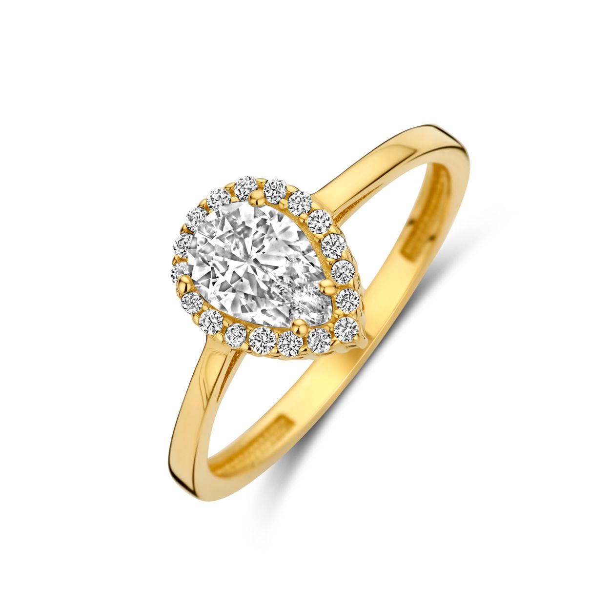 14k Geelgouden ring uitgevoerd met zirkonia's. De ring heeft aan de bovenzijde een breedte van 9.5mm.
maat 17,75 en verkrijgbaar in diverse andere maten