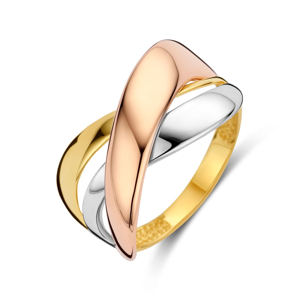 14k Tricolor wit- rose- en geelgouden ring met een breedte van 11mm.