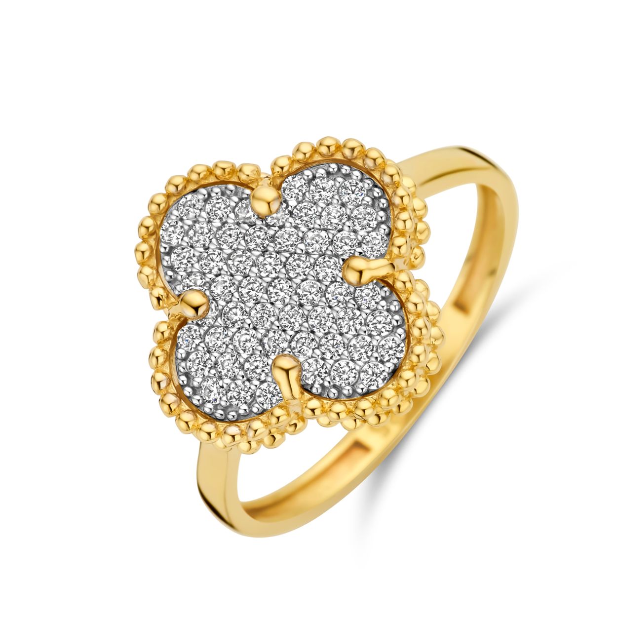 14k Geelgouden ring uitgevoerd met zirkonia. De ring heeft een breedte van 14mm.
Maat 16