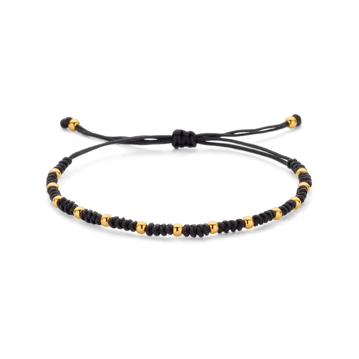 Zwart armband met 14K geelgouden bolletjes. 
lengte verstelbaar, 12-24cm
