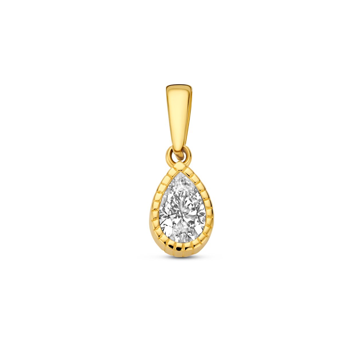 14k Geelgouden hanger uitgevoerd met zirkonia. De hanger heeft een totale hoogte van 14mm.