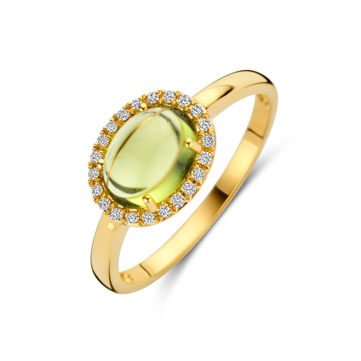 14k Geelgouden ring uitgevoerd met diamant en peridot. De ring heeft een afmeting van 8.5x10mm. De totale diamantgewicht is 0.09ct.