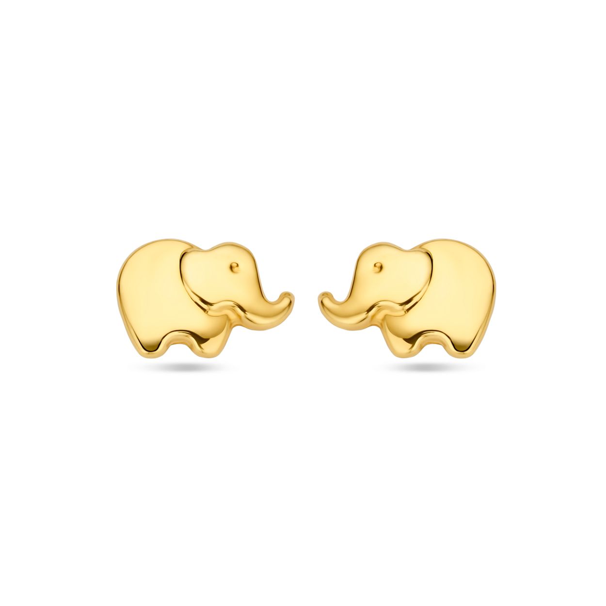 14k Geelgouden oorknoppen uitgevoerd in de vorm van een olifant. De oorknoppen hebben een afmeting van 5x7mm.
