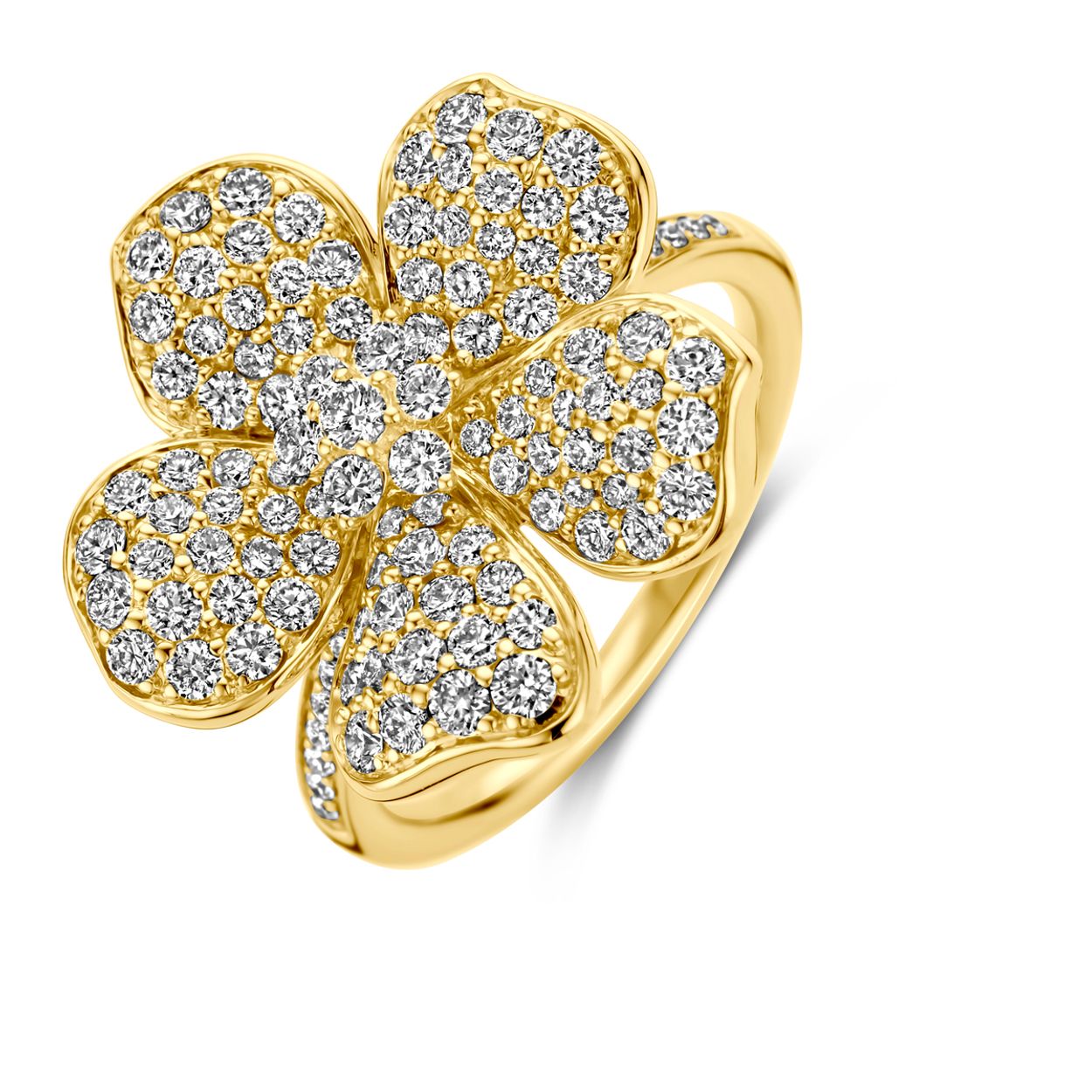 14k Geelgouden ring uitgevoerd in de vorm van een bloem met diamant. De ring heeft een breedte van 20mm. Het totale diamantgewicht is 1.50ct.