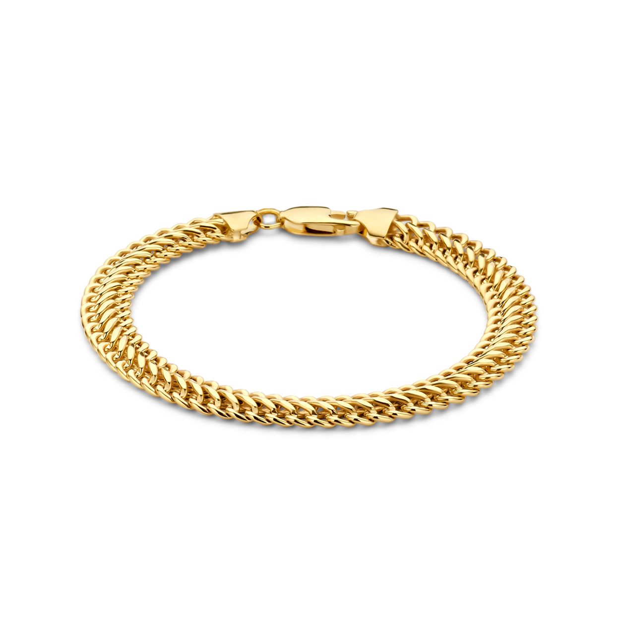 14k Geelgouden armband uitgevoerd met dubbel gourmette schakel. De armband heeft een draaglengte van 19cm en een schakelbreedte van 8mm. Uitgevoerd met karabijnsluiting.