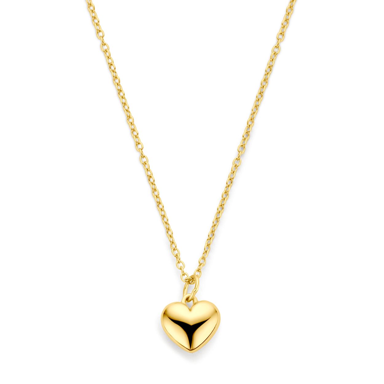 Geelgoud op 925 zilveren collier uitgevoerd met een hartje. Het collier heeft draaglengtes van 41-43-45cm. Geen garantie op de plating.