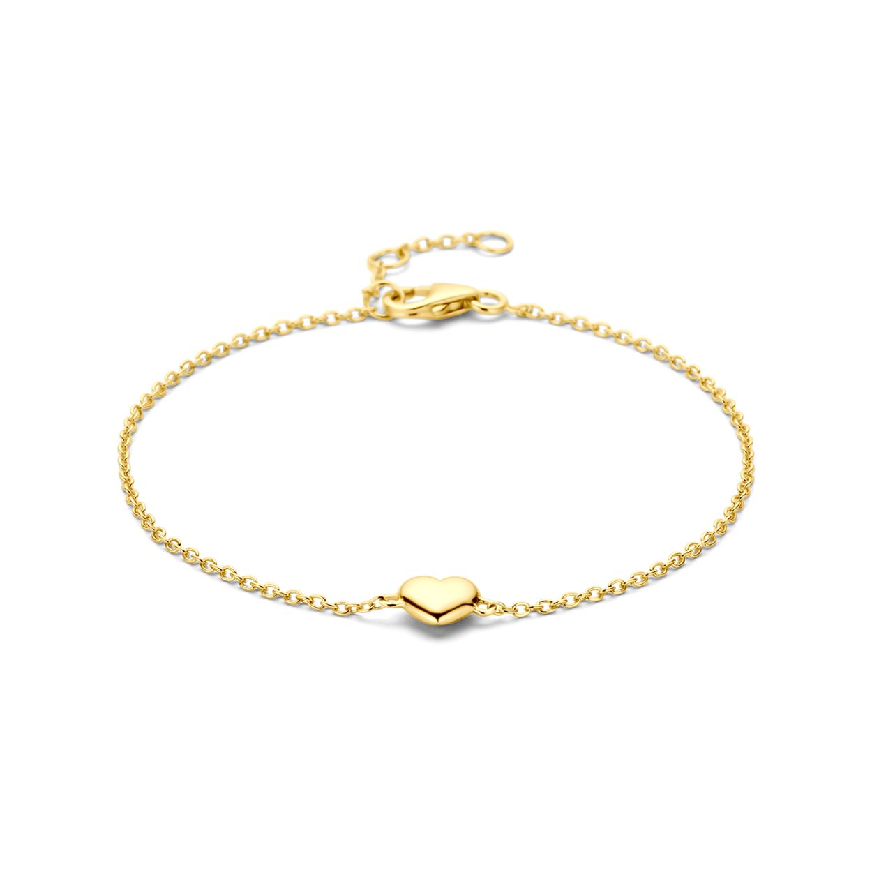 Geelgoud op 925 zilveren armband uitgevoerd met een hartje. De armband heeft draaglengtes van 16.5-17.5-18.5cm. Geen garantie op de plating.