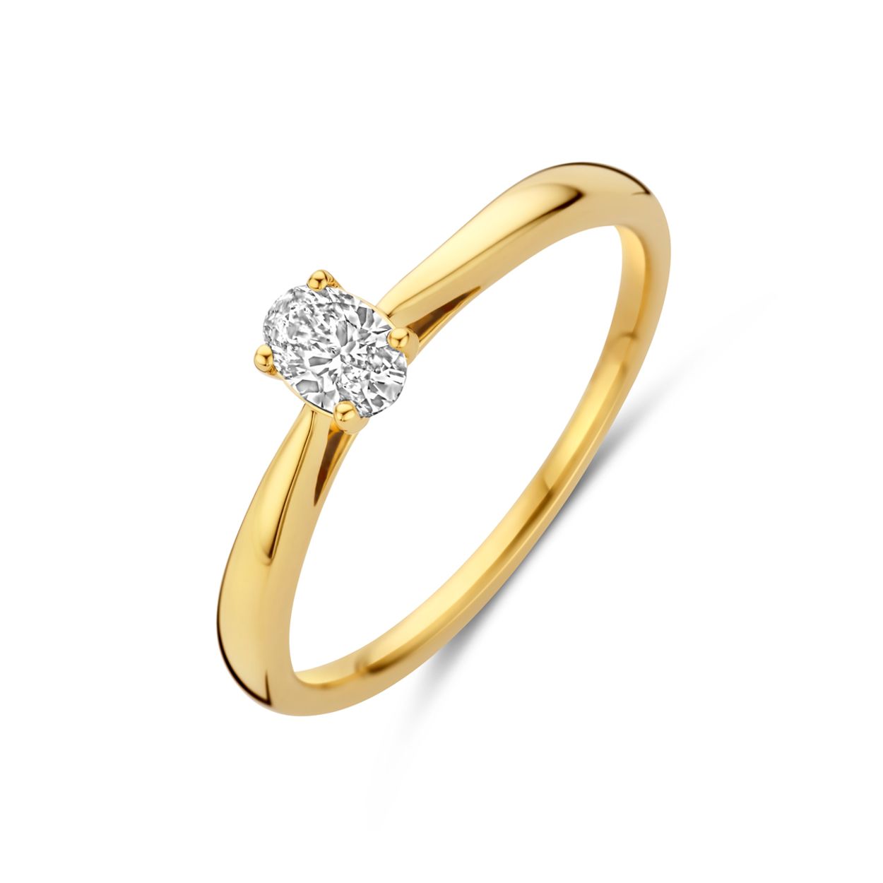 14k Geelgouden ring uitgevoerd met lab grown diamant. De ring heeft een breedte van 5mm. Het totale diamantgewicht is 0.25ct.