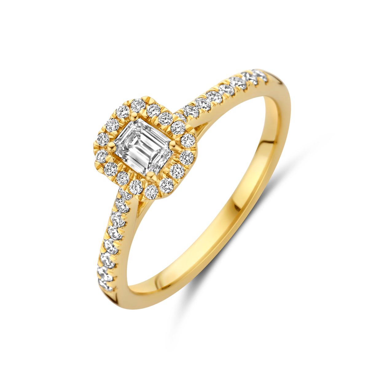 14k Geelgouden ring uitgevoerd met lab grown diamant. De ring heeft een breedte van 7mm. De totale diamantgewicht is 0.48ct.