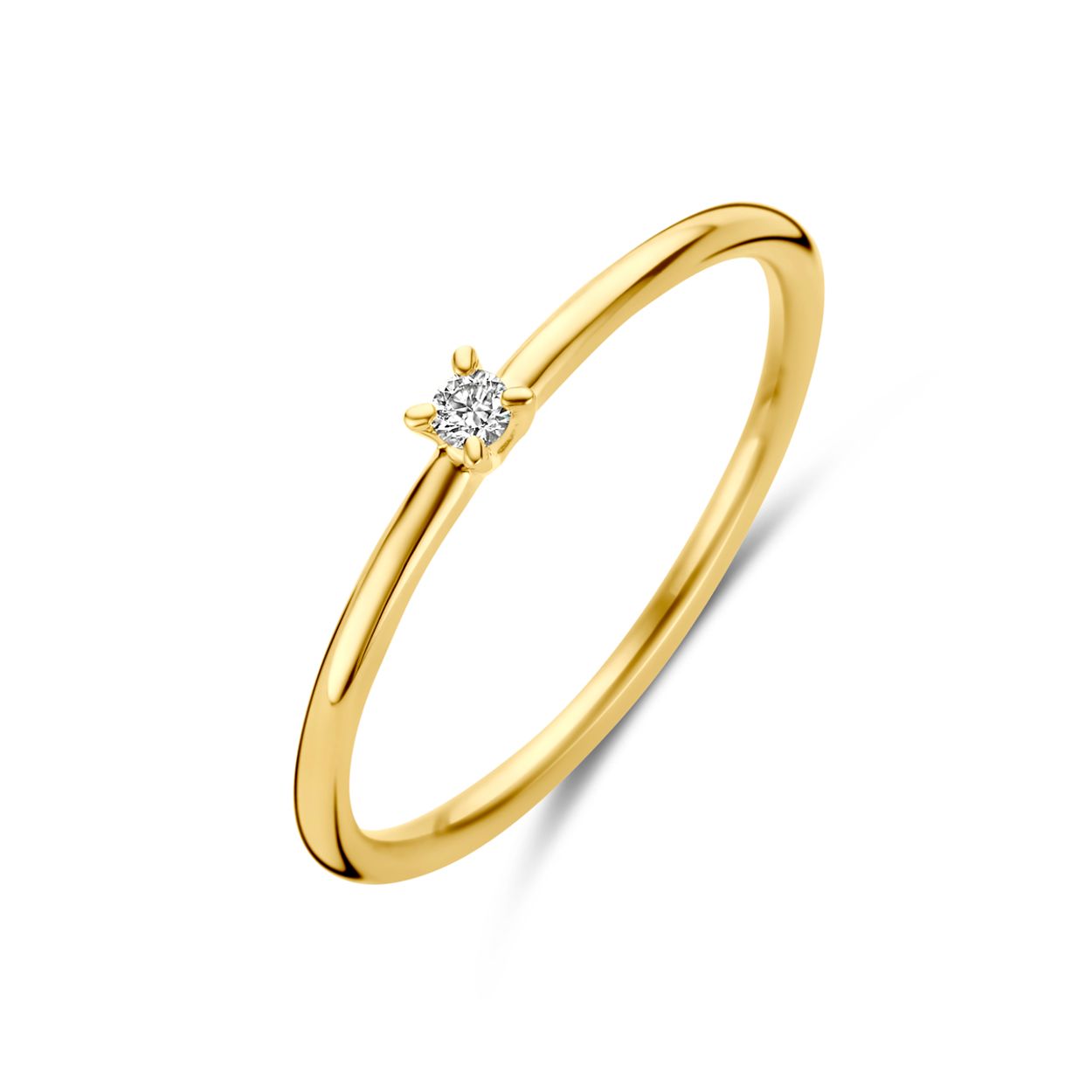 14k Geelgouden ring uitgevoerd met diamant. De ring heeft een breedte van 2,2mm. Het totale diamantgewicht is 0.03ct.