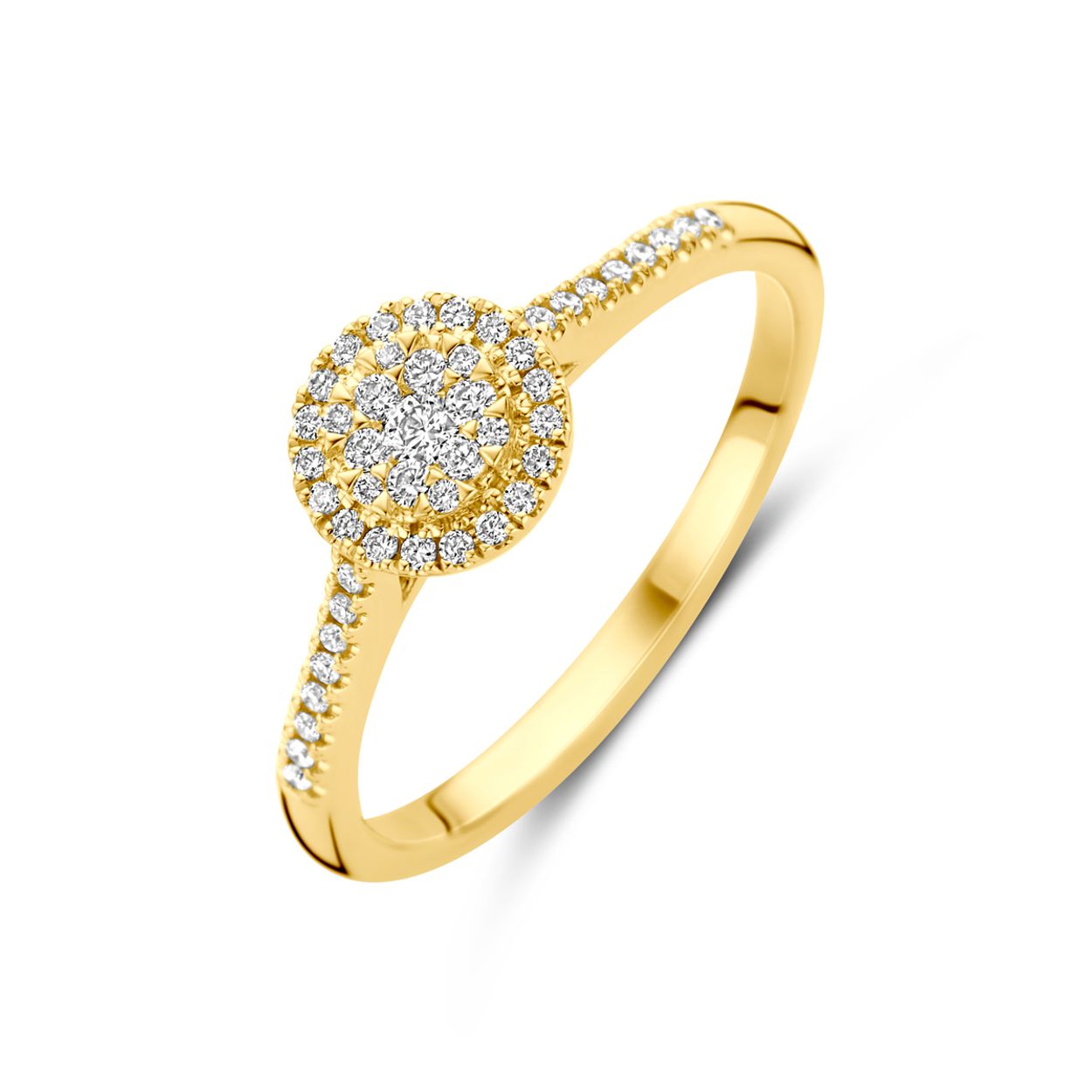 14k Geelgouden ring met diamant. De ring heeft een breedte van 7mm. 
Het totale diamantgewicht is 0.19ct.