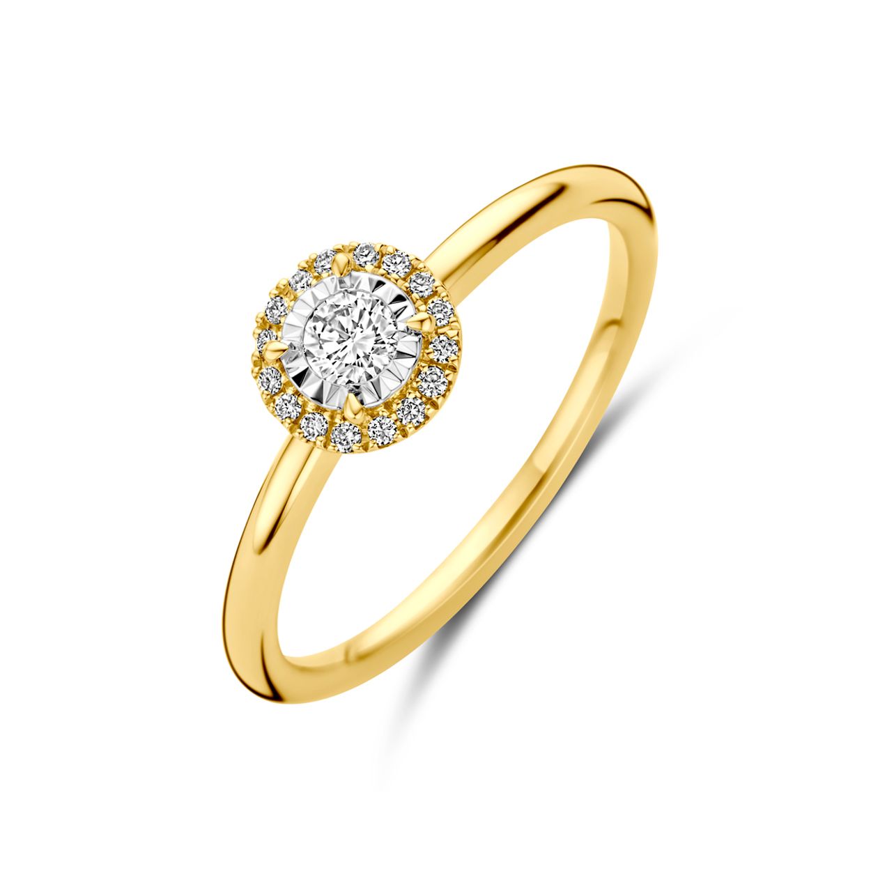 14k Bicolor geel- en witgouden ring uitgevoerd met diamant. De ring heeft een breedte van 7mm. Het totale diamantgewicht is 0.15ct.