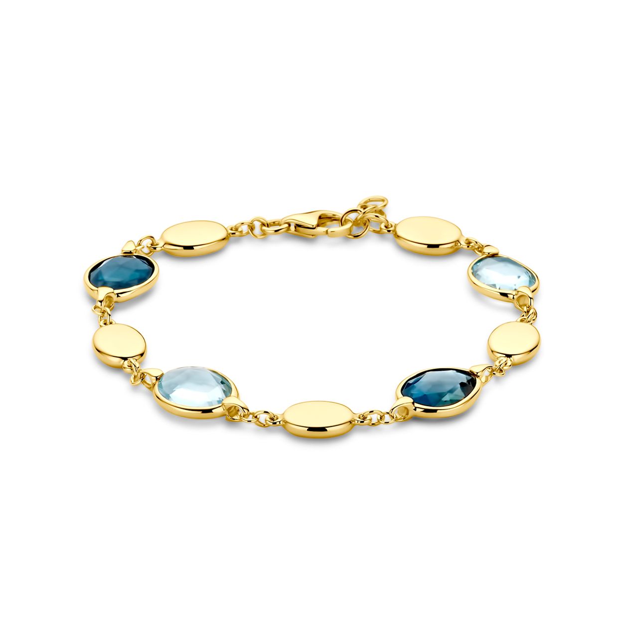 14k Geelgouden armband uitgevoerd met sky blue topaas en london blue topaas. De armband heeft een draaglengte van 18cm en een extensie van 1 cm. Uitgevoerd met een karabijnsluiting.

Maak de set compleet met het bijpassende collier en de oorhangers.