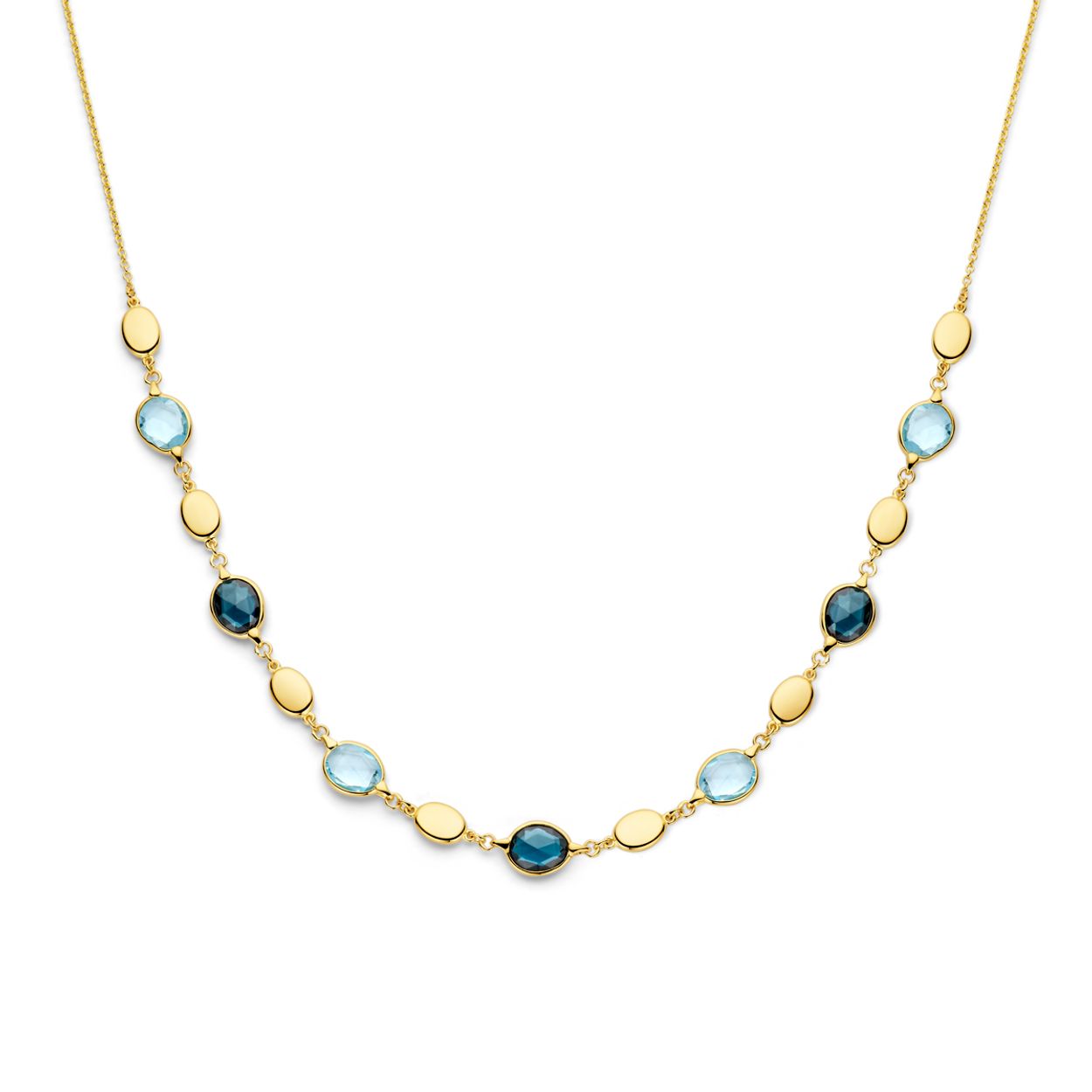 14k Geelgouden collier uitgevoerd met sky blue en london blue topaas. Het collier heeft een draaglengte van 43cm.

Maak de set compleet met de bijpassende armband en oorhangers