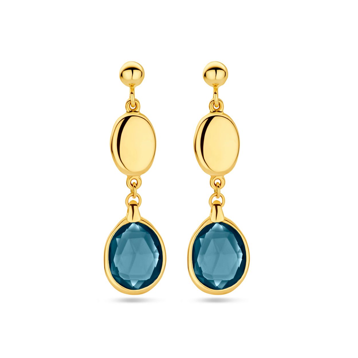 14k Geelgouden oorhangers uitgevoerd met london blue topaas. De oorhangers hebben een totale hoogte van 36mm.

Maak de set compleet met het bijpassende collier en de armband.