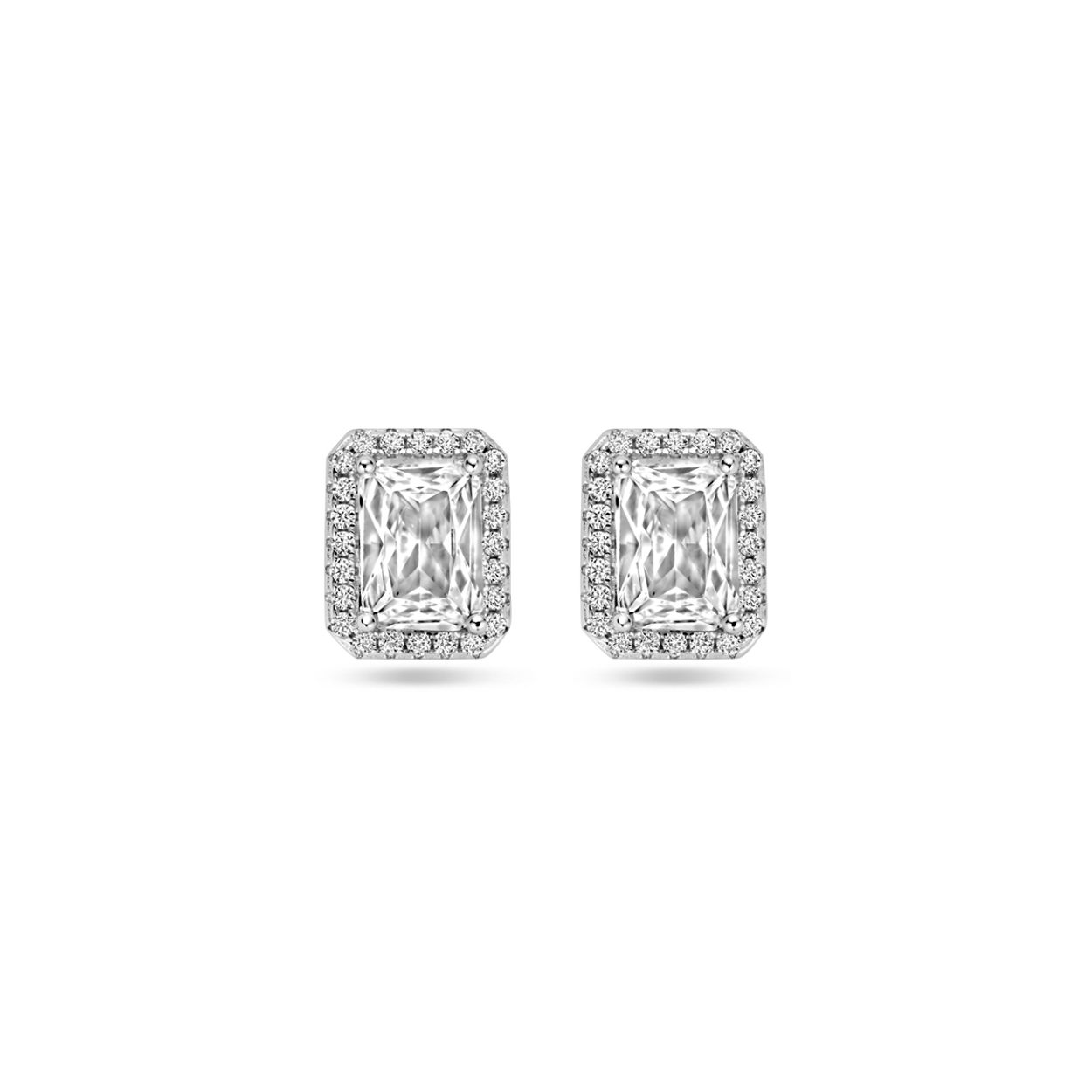 Gerhodineerd 925 zilveren oorknoppen uitgevoerd met zirkonia. De oorknoppen hebben een afmeting van 9.5x7.5mm.
